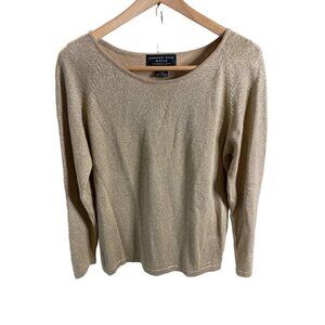 August Silk Gold Metallic Round Neck Long Sleeve Knit Top Sz M